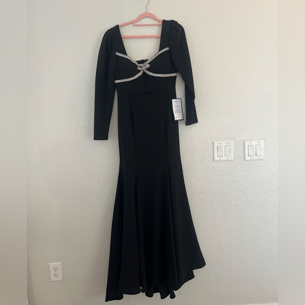 Taylor Black Long-Sleeve Evening Gown with Crystal Trim